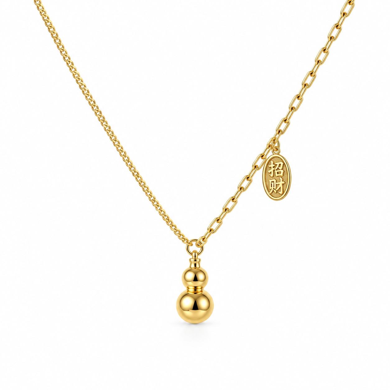 Golden gourd pendant on a clean white studio background