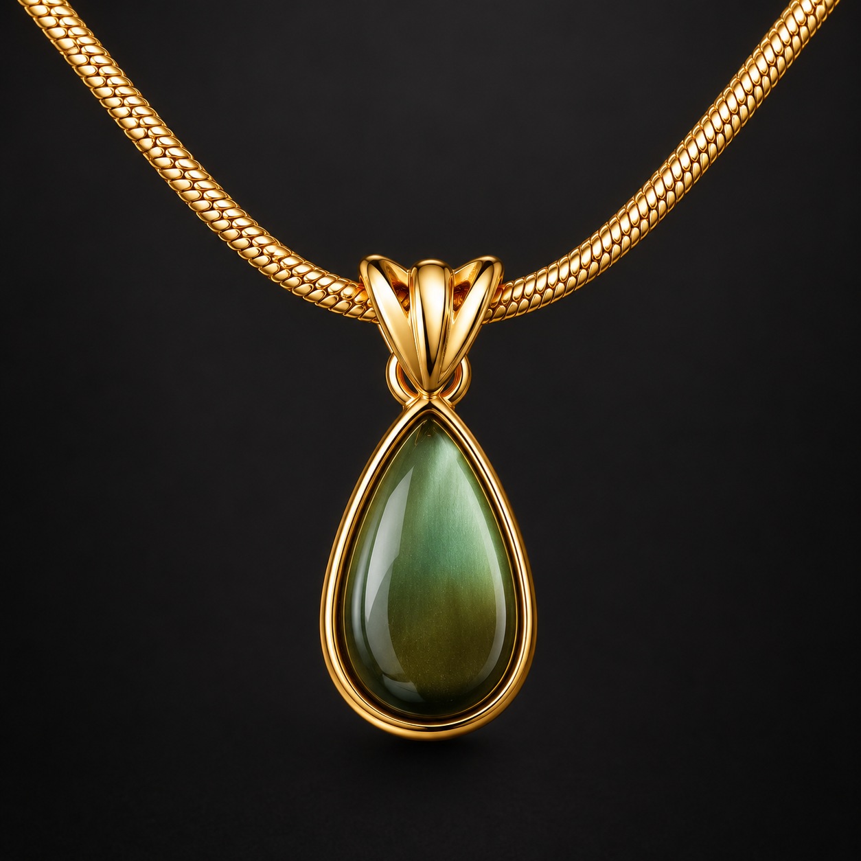 Green teardrop pendant on a black studio background