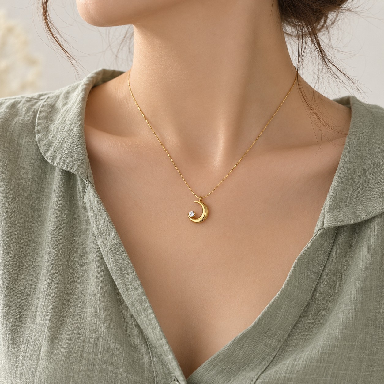 Fine gold chain with a small crescent pendant worn in natural daylight